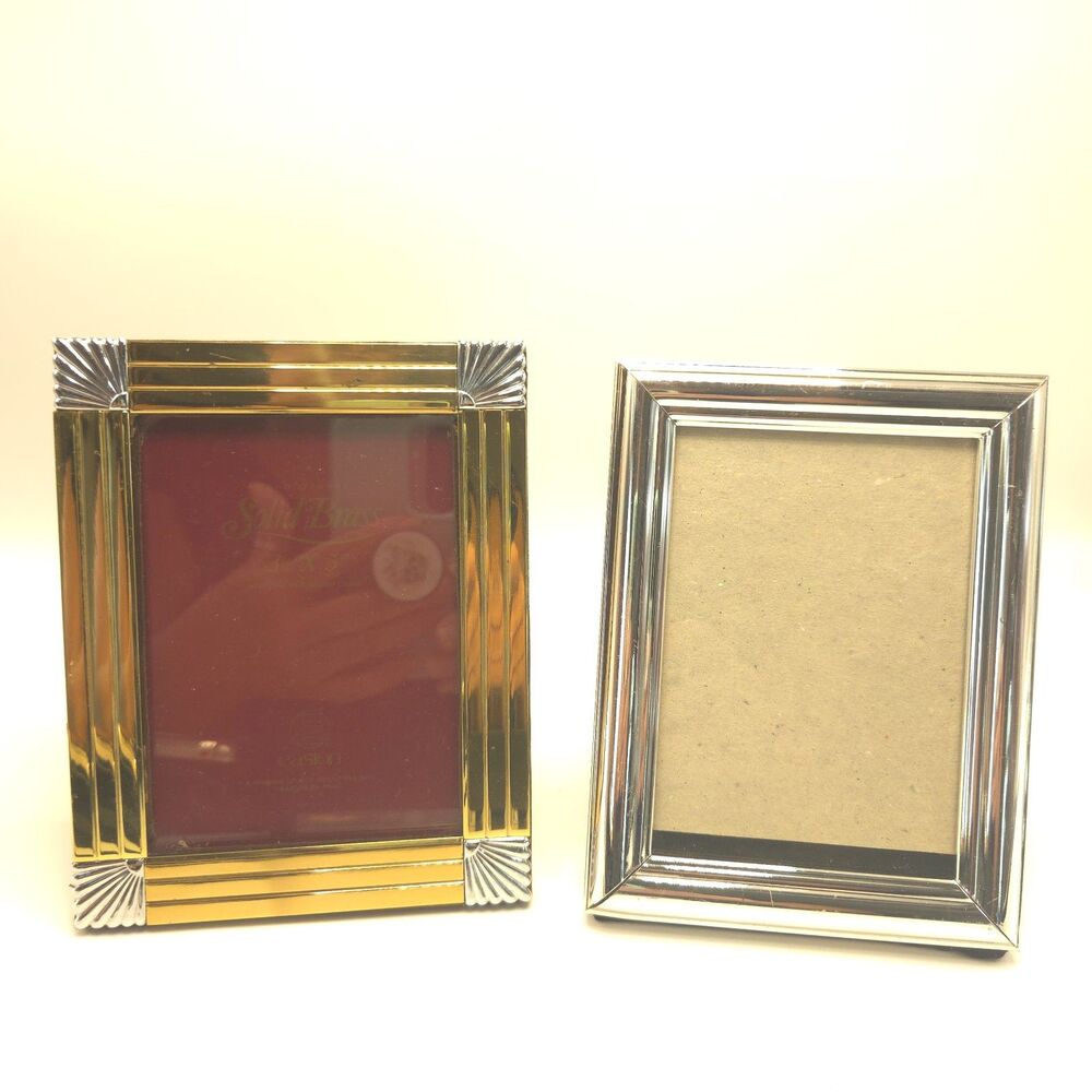 Vintage 3.5x5 Metal Photo Frames Solid Brass Silver Tone Korea Set of 2